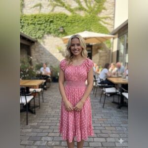 Sara Pink Polka Dot Midi Dress with Smocked Waist